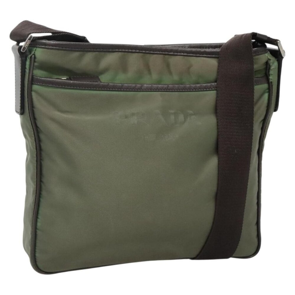Authentic PRADA Shoulder Bag Nylon Khaki Silver